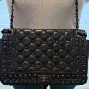 Vera Pelle Italy Black Studded Leather Quilted Shoulder Bag